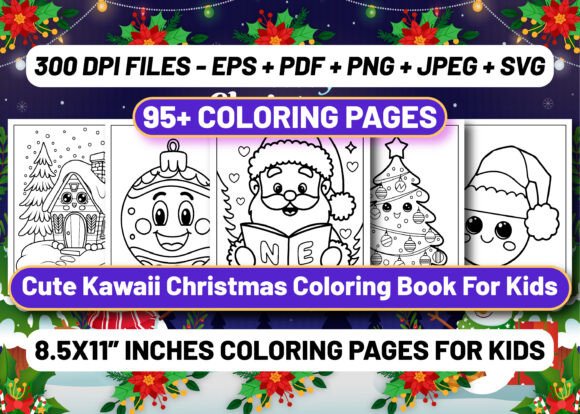 Cute Kawaii Christmas Coloring Book KDP Graphics