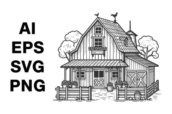 Farmhouse Coloring Page Doodle Line Art Graphics